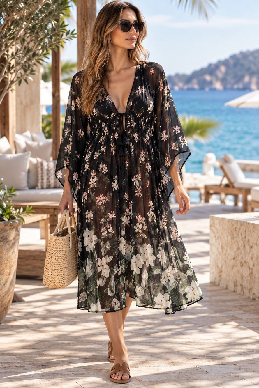 Agua Bendita floral kimono tunic beach cover-up, botanical floral pattern